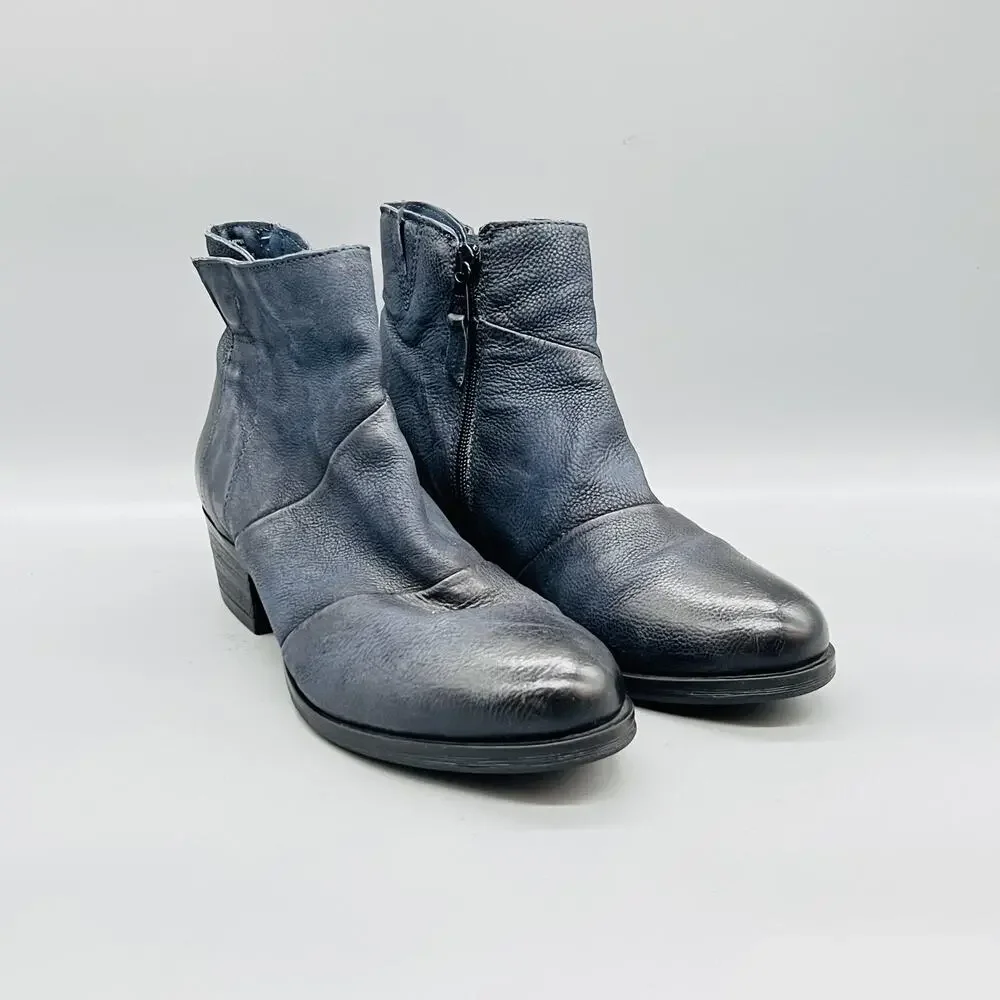 Miz Mooz Boots Womens 7.5 Blue Leather Ankle Zip Low Block Heel Booties Shoes